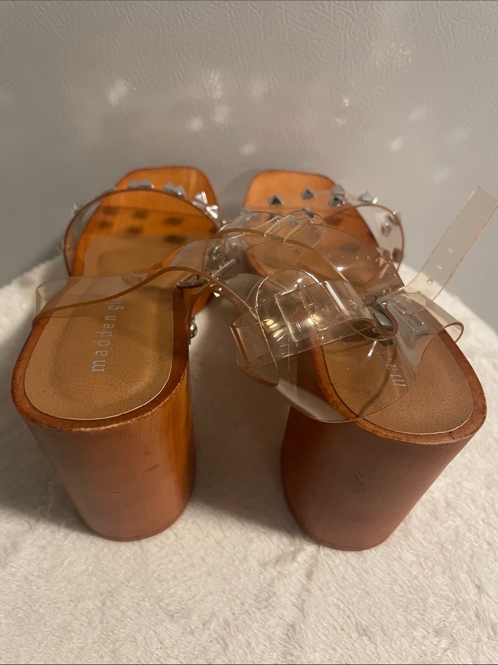 Madden Girl Clear Strap Platform Sandals - Tan Wood Heel